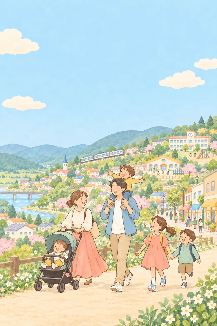 川沿いの街を、ベビーカーを押すママと子どもを肩車したパパ、手をつないだきょうだいが散歩しているイラスト