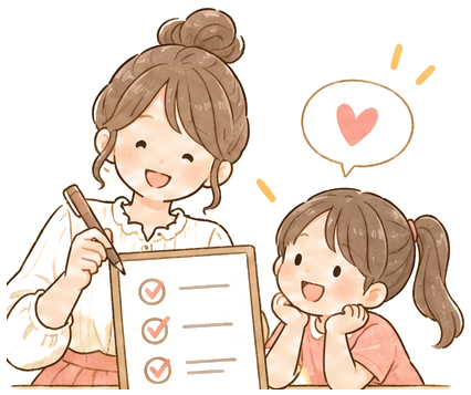 チェックリストに答えるママと女の子のイラスト